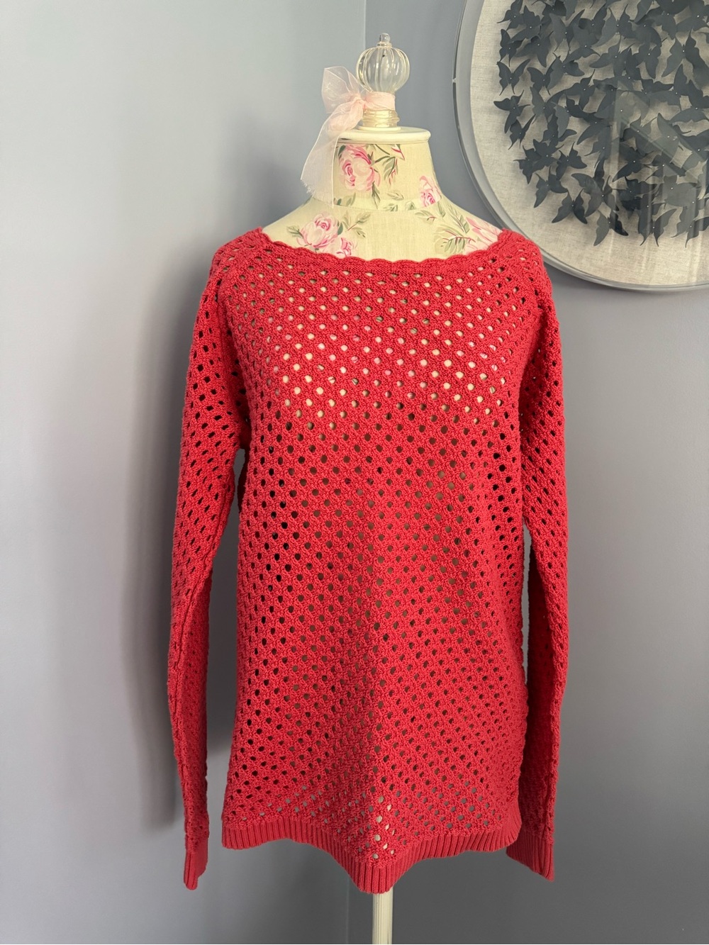 LOFT Open-Knit Scoop Neck Sweater in Red